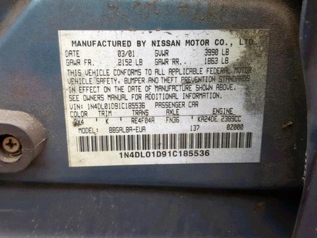 1N4DL01D91C185536 - 2001 NISSAN ALTIMA XE BLUE photo 10