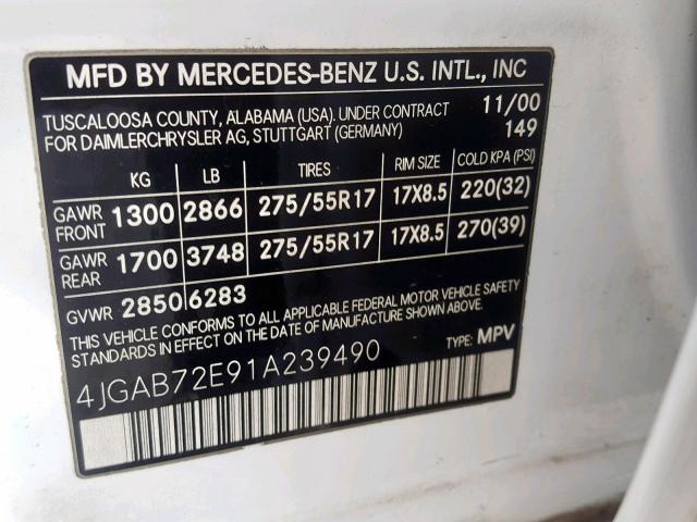 4JGAB72E91A239490 - 2001 MERCEDES-BENZ ML 430 WHITE photo 10