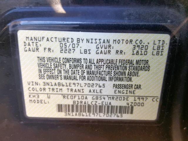 3N1AB61E97L702765 - 2007 NISSAN SENTRA 2.0 BLACK photo 10