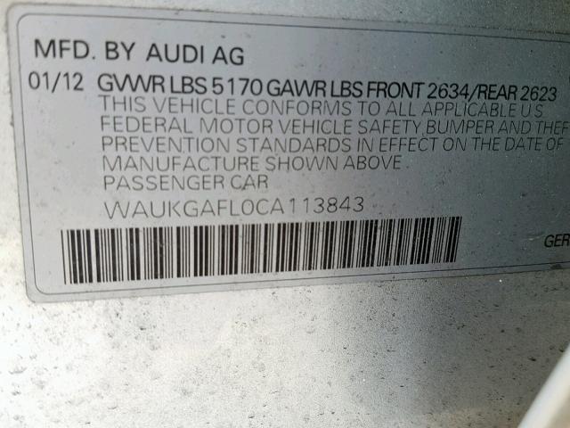 WAUKGAFL0CA113843 - 2012 AUDI S4 PRESTIG SILVER photo 10