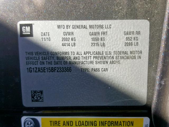 1G1ZA5E15BF233366 - 2011 CHEVROLET MALIBU LS გრაფიტი ფოტო 10