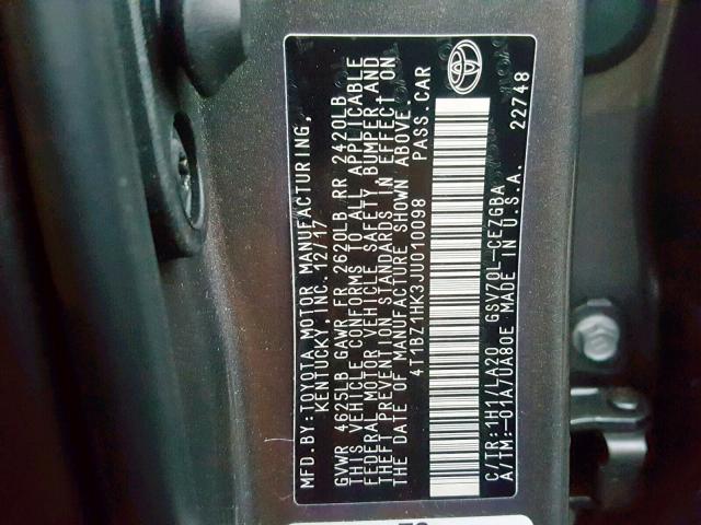 4T1BZ1HK3JU010098 - 2018 TOYOTA CAMRY XSE GRAY photo 10