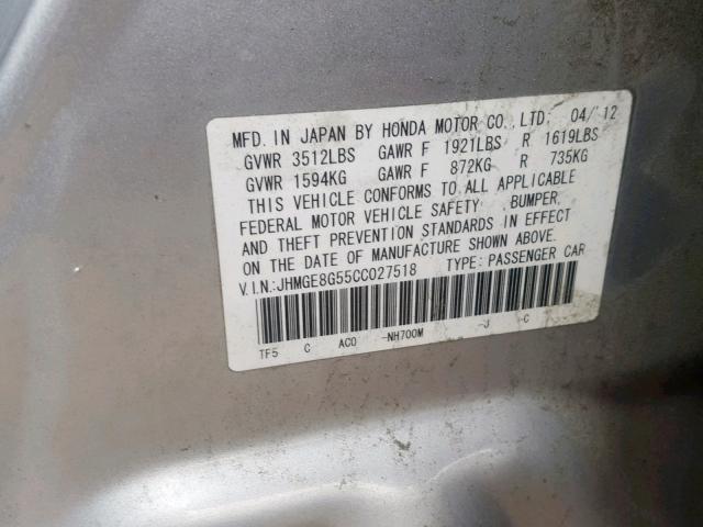 JHMGE8G55CC027518 - 2012 HONDA FIT SPORT SILVER photo 10