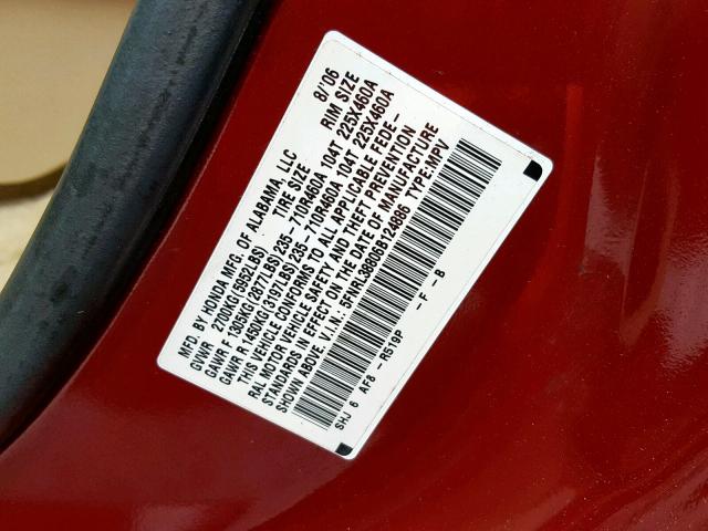 5FNRL38806B124886 - 2006 HONDA ODYSSEY TO RED photo 10