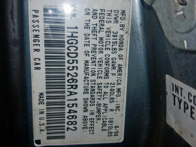 1HGCD5526RA154682 - 1994 HONDA ACCORD DX BLUE photo 10