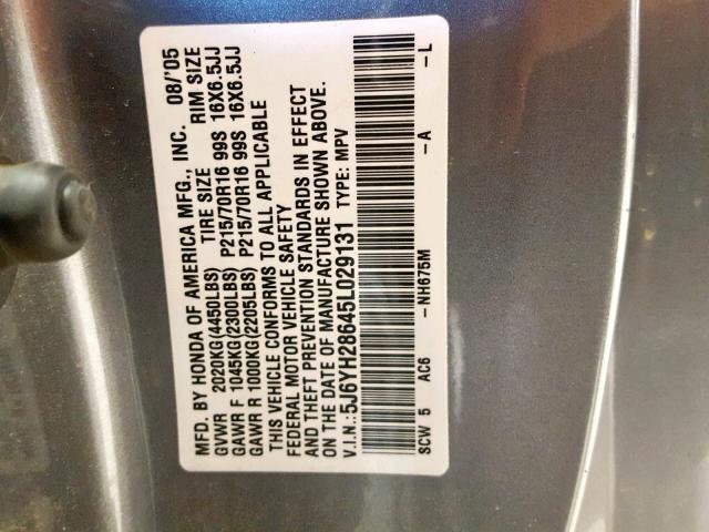 5J6YH28645L029131 - 2005 HONDA ELEMENT EX GRAY photo 10