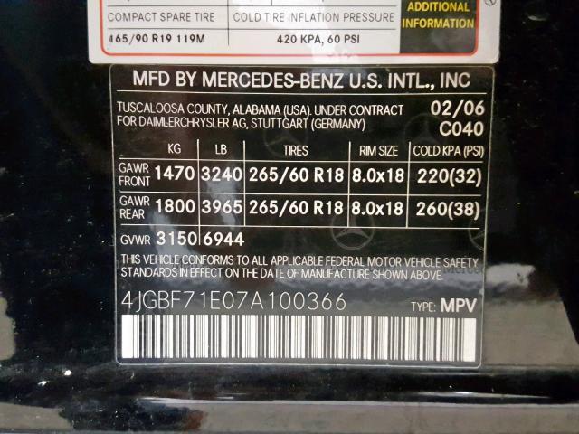 4JGBF71E07A100366 - 2007 MERCEDES-BENZ GL 450 4MA BLACK photo 10