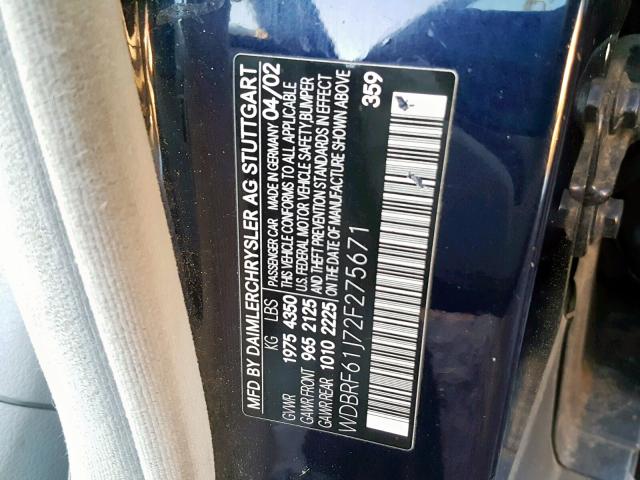 WDBRF61J72F275671 - 2002 MERCEDES-BENZ C 240 BLUE photo 10