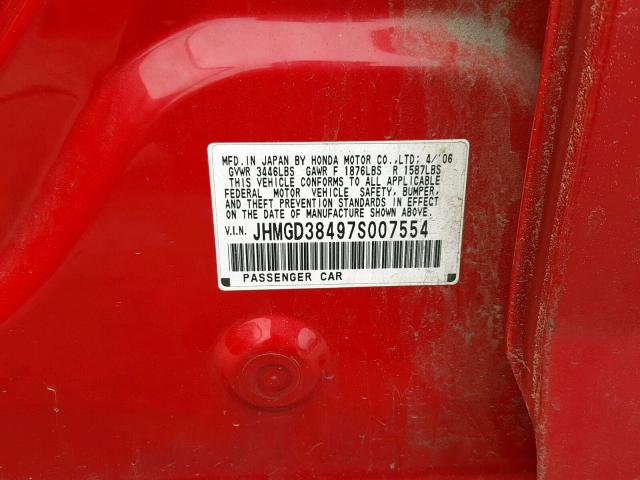 JHMGD38497S007554 - 2007 HONDA FIT RED photo 10