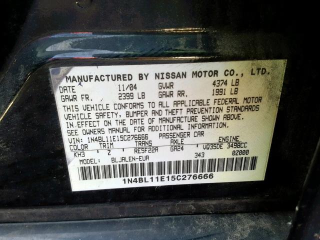 1N4BL11E15C276666 - 2005 NISSAN ALTIMA SE BLACK photo 10