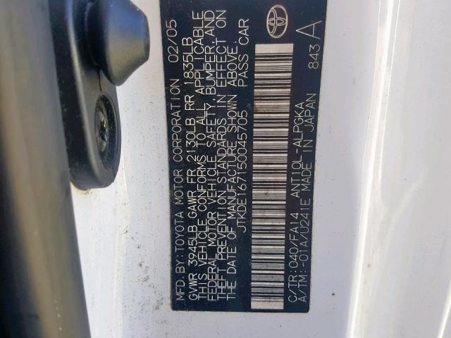 JTKDE167150045705 - 2005 TOYOTA SCION TC თეთრი ფოტო 10