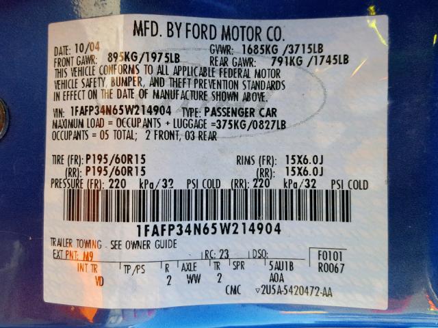 1FAFP34N65W214904 - 2005 FORD FOCUS ZX4 BLUE photo 10