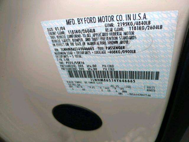 1LNHM86S14Y646665 - 2004 LINCOLN LS WHITE photo 10