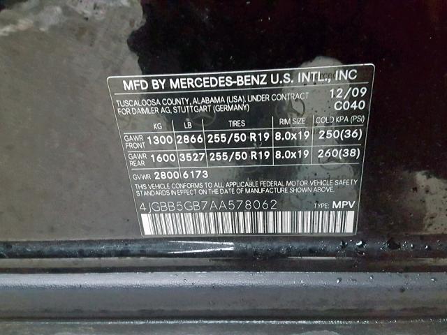 4JGBB5GB7AA578062 - 2010 MERCEDES-BENZ ML 350 BLACK photo 10