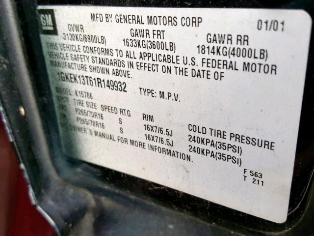 1GKEK13T61R149932 - 2001 GMC YUKON BLACK photo 10