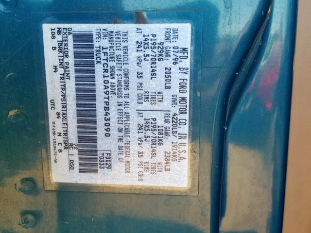 1FTCR10A9TPB43090 - 1996 FORD RANGER GREEN photo 10