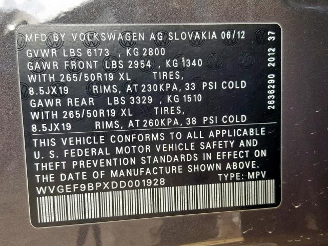 WVGEF9BPXDD001928 - 2013 VOLKSWAGEN TOUAREG V6 GRAY photo 10