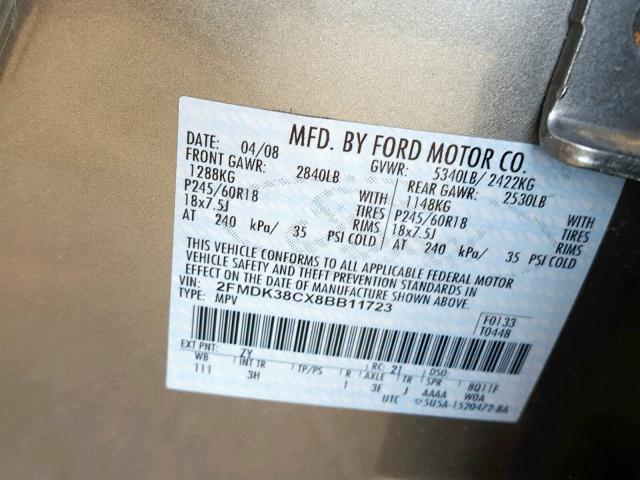 2FMDK38CX8BB11723 - 2008 FORD EDGE SEL SILVER photo 10