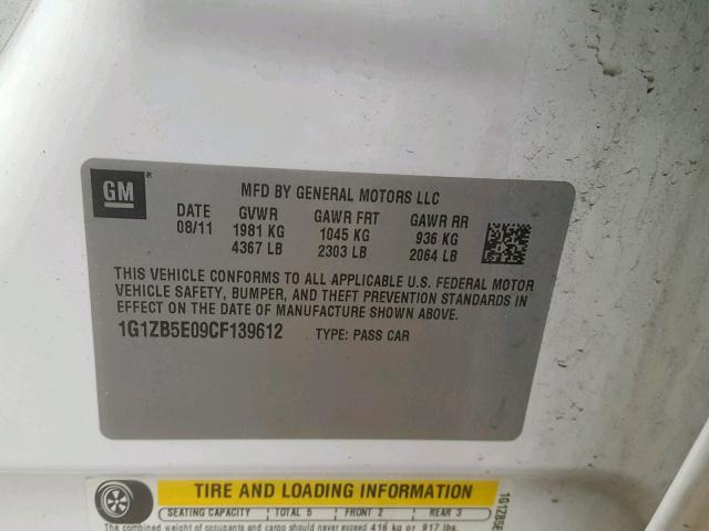 1G1ZB5E09CF139612 - 2012 CHEVROLET MALIBU LS WHITE photo 10