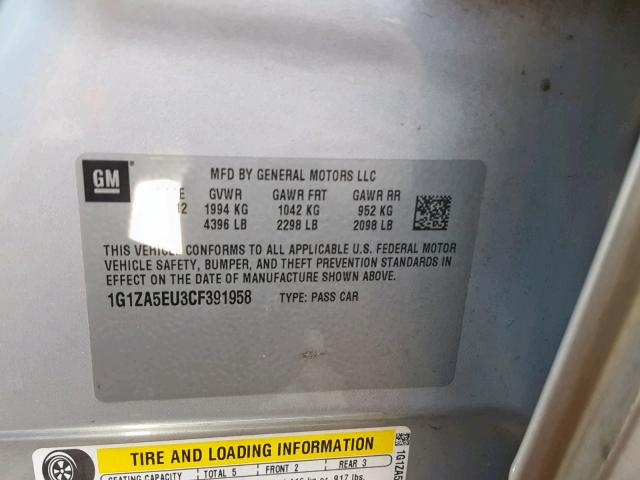 1G1ZA5EU3CF391958 - 2012 CHEVROLET MALIBU LS SILVER photo 10