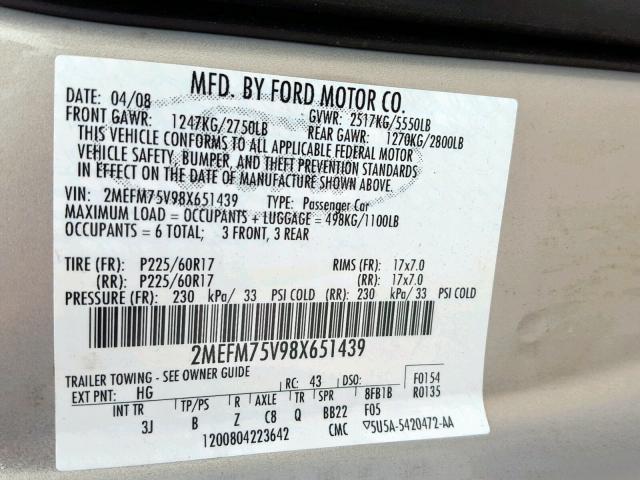 2MEFM75V98X651439 - 2008 MERCURY GRAND MARQ TAN photo 10