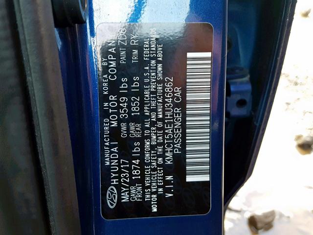 KMHCT5AE1HU346862 - 2017 HYUNDAI ACCENT SE BLUE photo 10