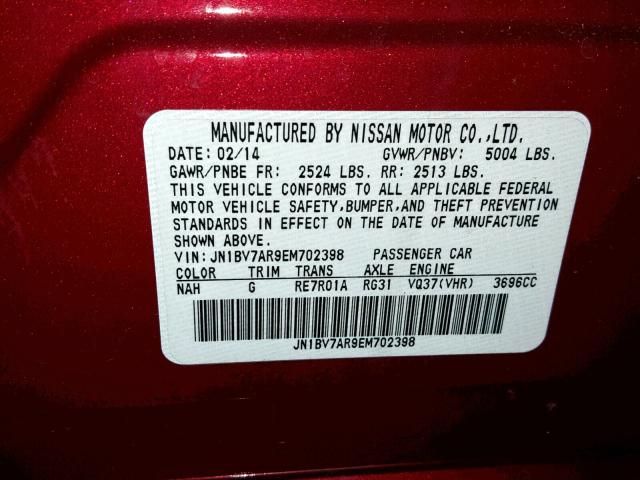 JN1BV7AR9EM702398 - 2014 INFINITI Q50 BASE RED photo 10