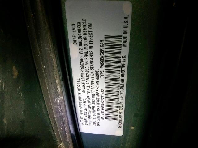 4S3BE635237211703 - 2003 SUBARU LEGACY L GREEN photo 10