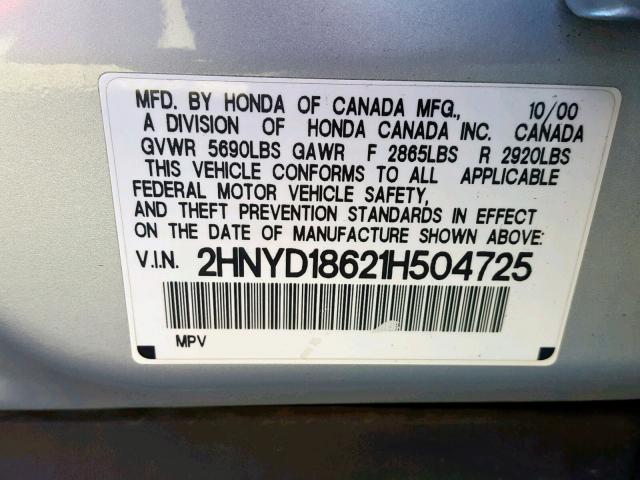 2HNYD18621H504725 - 2001 ACURA MDX TOURIN SILVER photo 10