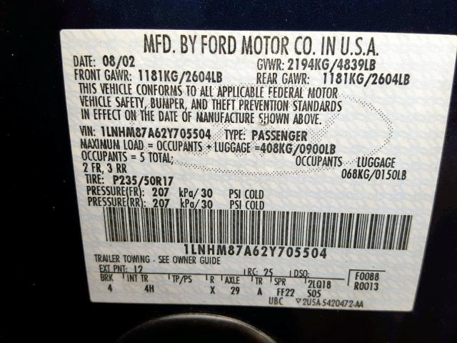 1LNHM87A62Y705504 - 2002 LINCOLN LS BLUE photo 10