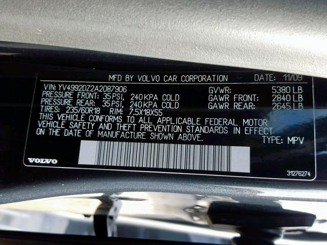 YV4992DZ2A2087906 - 2010 VOLVO XC60 T6 BLUE photo 10