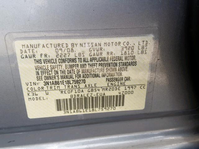 3N1AB61E18L759270 - 2008 NISSAN SENTRA 2.0 GRAY photo 10