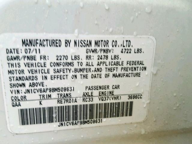 JN1CV6AP9BM509631 - 2011 INFINITI G37 BASE WHITE photo 10