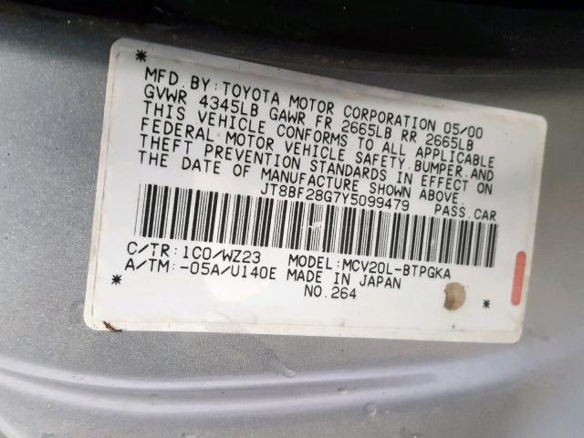 JT8BF28G7Y5099479 - 2000 LEXUS ES 300 SILVER photo 10