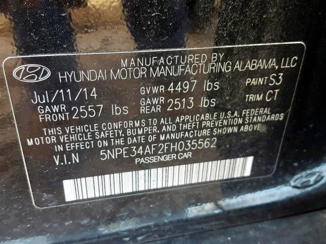 5NPE34AF2FH035562 - 2015 HYUNDAI SONATA SPO BLACK photo 10