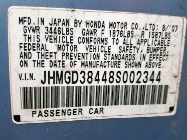 JHMGD38448S002344 - 2008 HONDA FIT BLUE photo 10