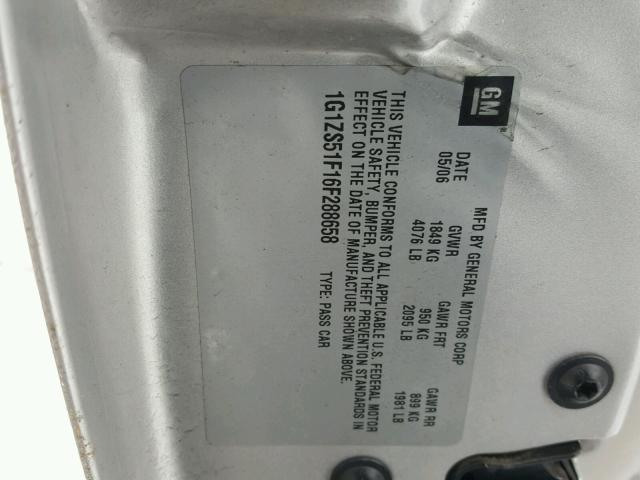 1G1ZS51F16F288658 - 2006 CHEVROLET MALIBU LS 银色 照片 10