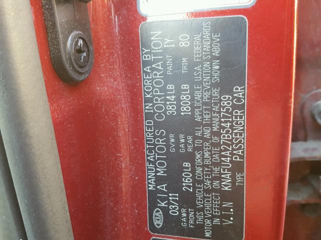 KNAFU4A27B5417589 - 2011 KIA FORTE EX RED photo 10