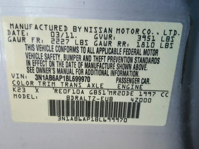 3N1AB6AP1BL699970 - 2011 NISSAN SENTRA 2.0 SILVER photo 10