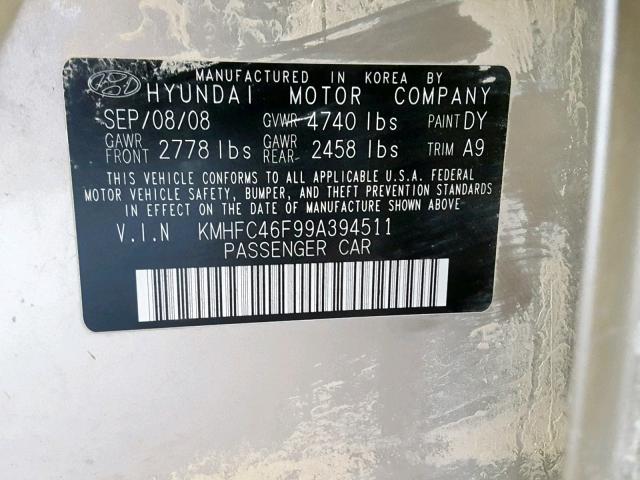 KMHFC46F99A394511 - 2009 HYUNDAI AZERA SE BEIGE photo 10