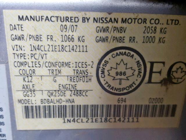 1N4CL21E18C142111 - 2008 NISSAN ALTIMA HYB SILVER photo 10