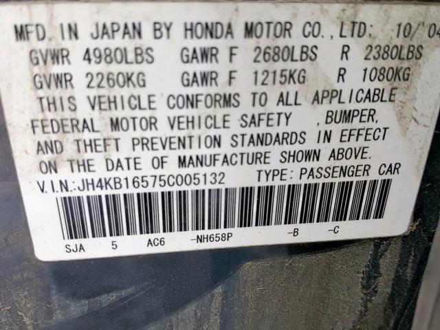 JH4KB16575C005132 - 2005 ACURA RL GRAY photo 10