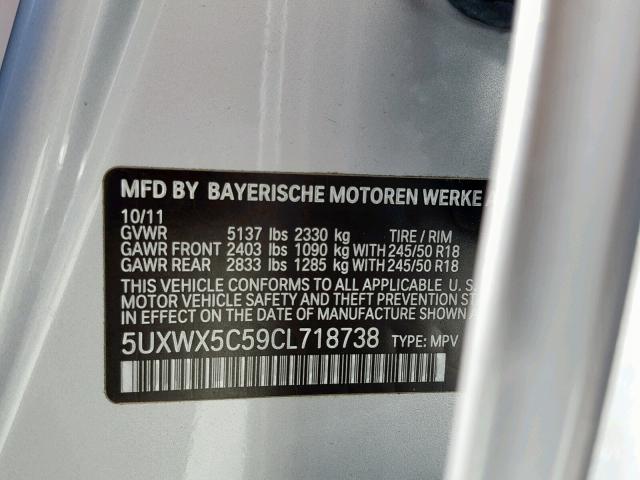 5UXWX5C59CL718738 - 2012 BMW X3 XDRIVE2 SILVER photo 10