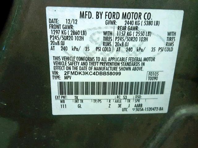 2FMDK3KC4DBB58099 - 2013 FORD EDGE LIMIT GRAY photo 10