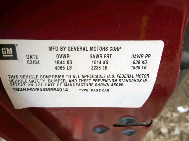 1G2NF52E44M664914 - 2004 PONTIAC GRAND AM S MAROON photo 10