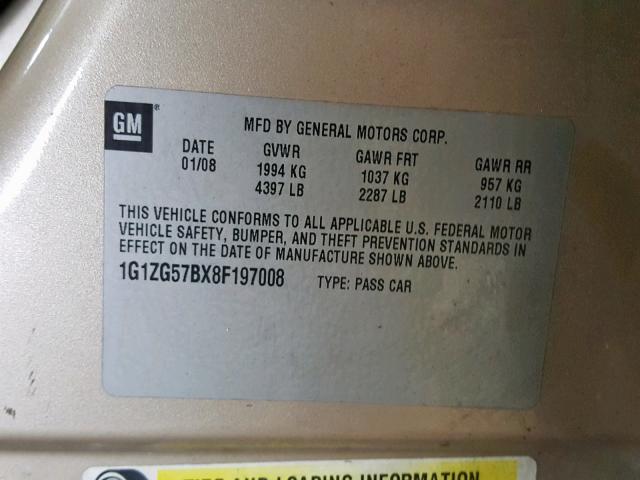 1G1ZG57BX8F197008 - 2008 CHEVROLET MALIBU LS 米色 照片 10