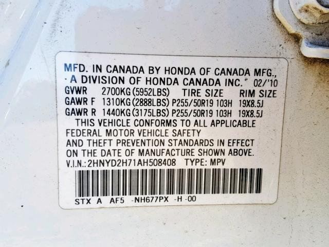 2HNYD2H71AH508408 - 2010 ACURA MDX ADVANC WHITE photo 10