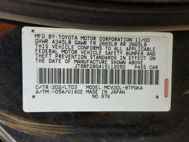 JT8BF28G415112050 - 2001 LEXUS ES 300 BLACK photo 10