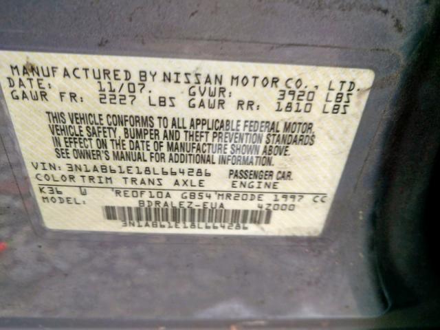 3N1AB61E18L664286 - 2008 NISSAN SENTRA 2.0 GRAY photo 10