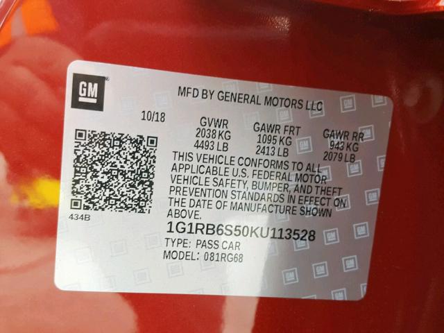 1G1RB6S50KU113528 - 2019 CHEVROLET VOLT PREMI RED photo 10